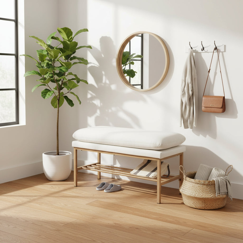 End of Bed Bench with Shelf, Linen Upholstered Storage Shoe Bench,Bedroom Bench with Metal Legs,300 LB