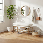 End of Bed Bench with Shelf, Linen Upholstered Storage Shoe Bench,Bedroom Bench with Metal Legs,300 LB