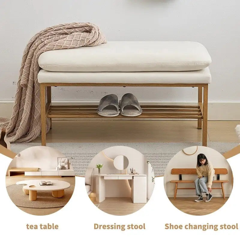 Banc de bout de lit avec étagère, banc de rangement à chaussures rembourré en lin, banc de chambre avec pieds en métal, 136 kg