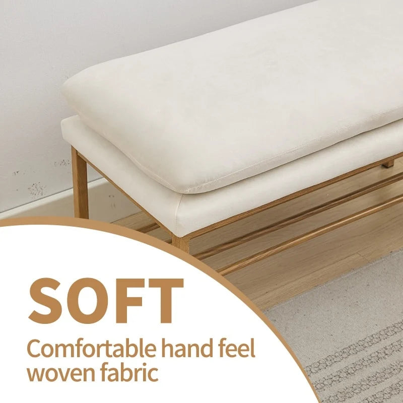 Banc de bout de lit avec étagère, banc de rangement à chaussures rembourré en lin, banc de chambre avec pieds en métal, 136 kg
