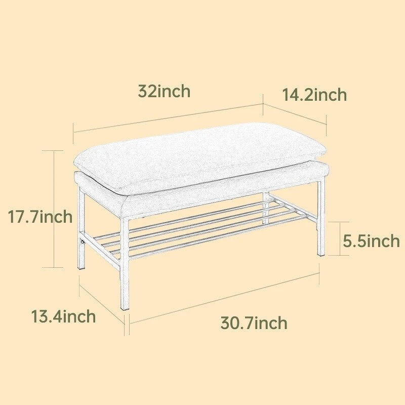 Banc de bout de lit avec étagère, banc de rangement à chaussures rembourré en lin, banc de chambre avec pieds en métal, 136 kg