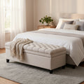 Rhya Storage Bench Ottoman, 50 Inch Seat, Button Tufted Gray Fabric