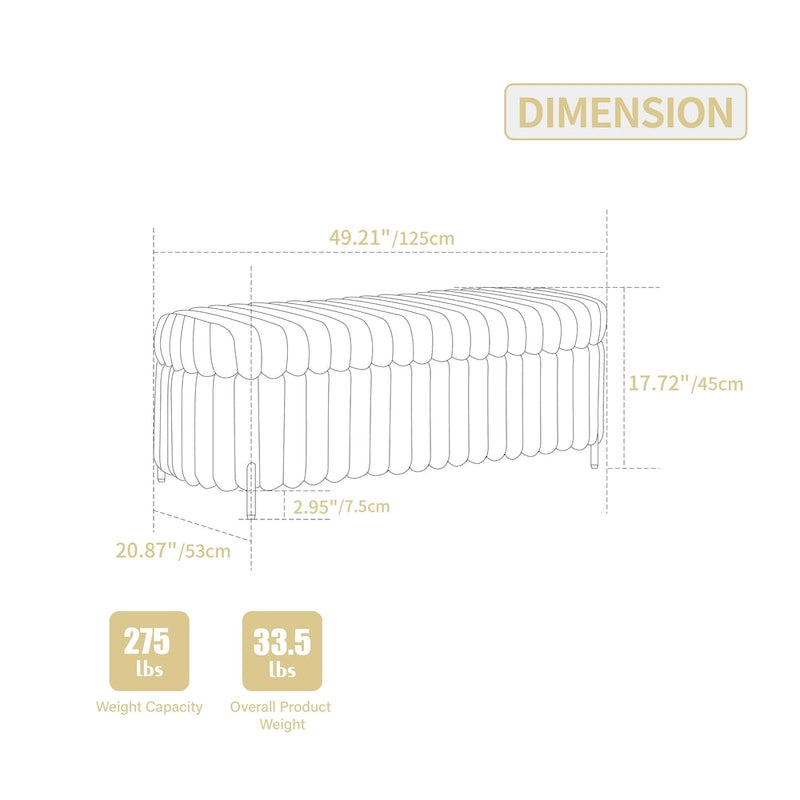 Banc de rangement ottoman surdimensionné de 49,2 pouces, repose-pieds moderne avec pieds en métal