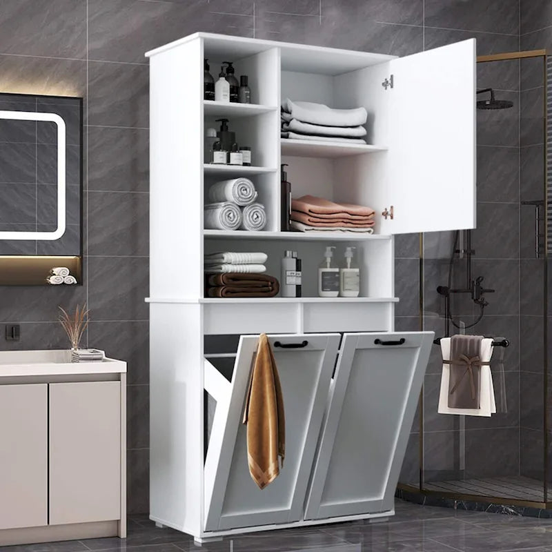 Meuble de rangement haut de salle de bain avec portes et étagère, meuble de salle de bain autoportant, panier à linge inclinable