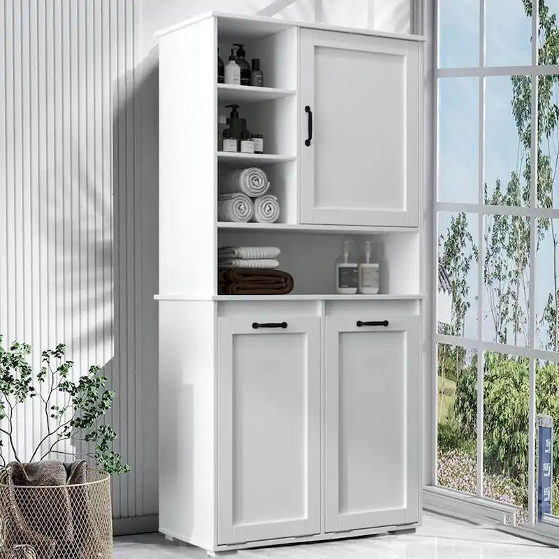Meuble de rangement haut de salle de bain avec portes et étagère, meuble de salle de bain autoportant, panier à linge inclinable