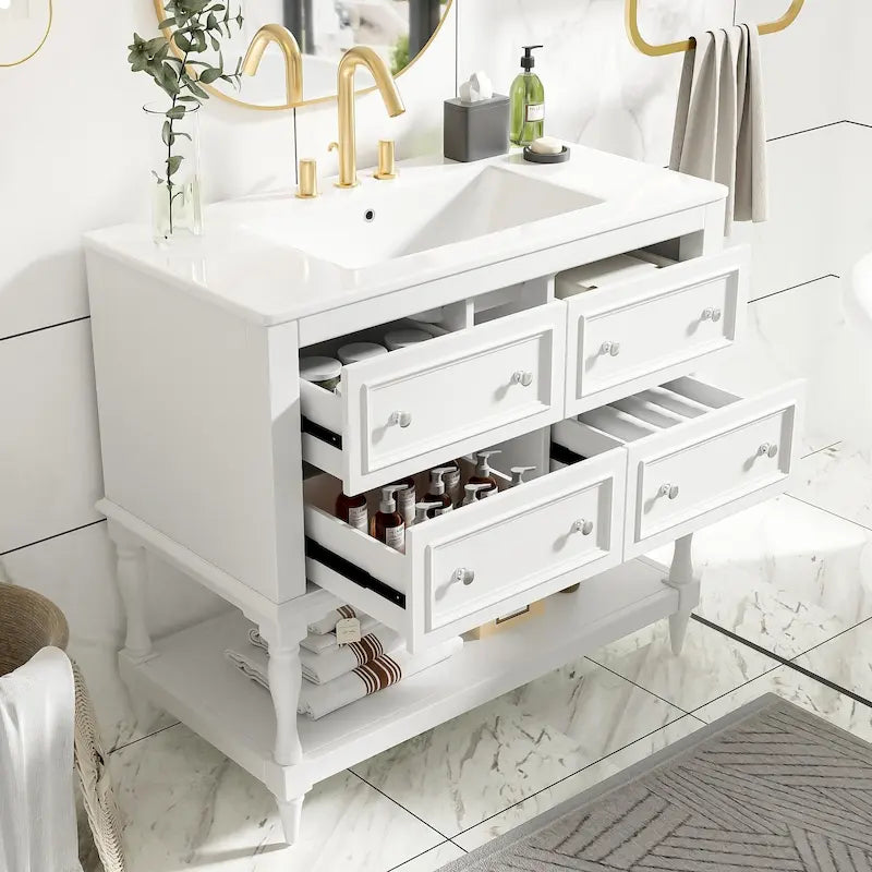 Ensemble Meuble-lavabo de salle de bain 36 pouces avec évier, évier en céramique sous plan, meuble-lavabo autoportant avec 4 tiroirs
