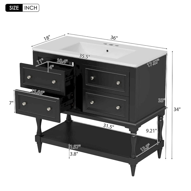 Ensemble Meuble-lavabo de salle de bain 36 pouces avec évier, évier en céramique sous plan, meuble-lavabo autoportant avec 4 tiroirs