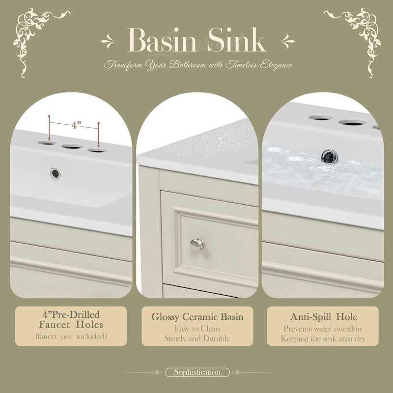 Ensemble Meuble-lavabo de salle de bain 36 pouces avec évier, évier en céramique sous plan, meuble-lavabo autoportant avec 4 tiroirs