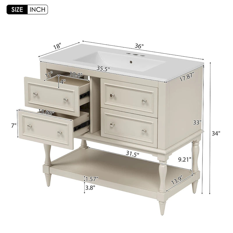 Ensemble Meuble-lavabo de salle de bain 36 pouces avec évier, évier en céramique sous plan, meuble-lavabo autoportant avec 4 tiroirs