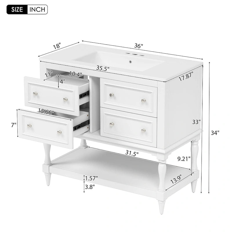 Ensemble Meuble-lavabo de salle de bain 36 pouces avec évier, évier en céramique sous plan, meuble-lavabo autoportant avec 4 tiroirs