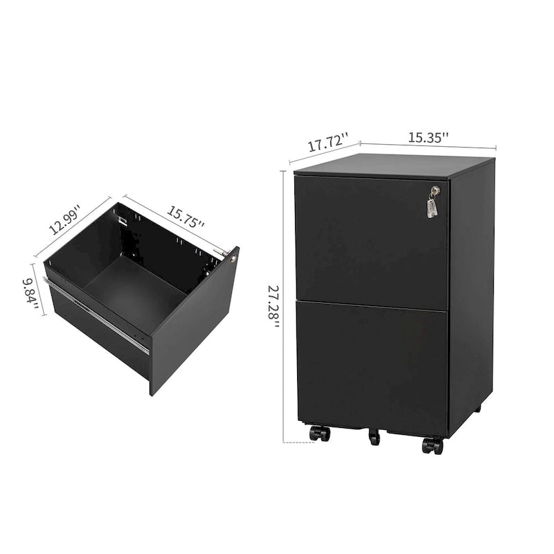 Classeur de bureau roulant à 2 tiroirs avec serrure, avec roues anti-basculement