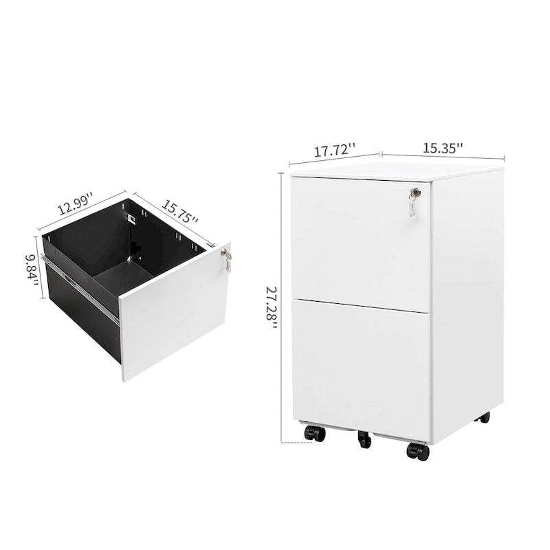 Classeur de bureau roulant à 2 tiroirs avec serrure, avec roues anti-basculement