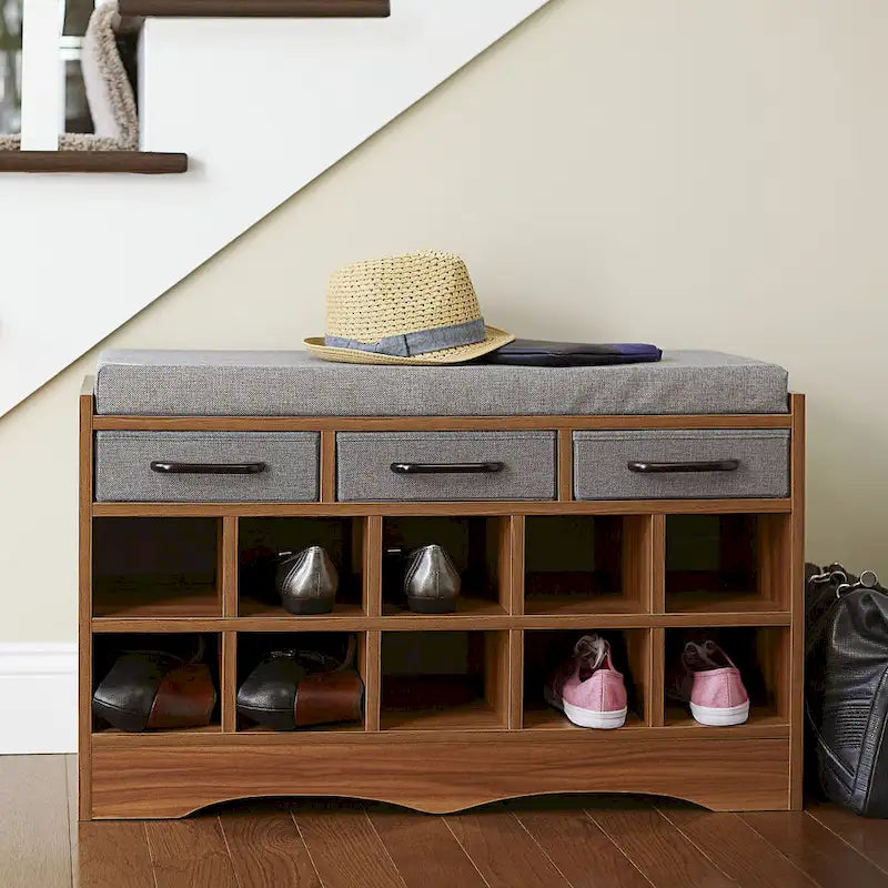 Banc de rangement avec 3 tiroirs, 10 compartiments à chaussures et un siège rembourré