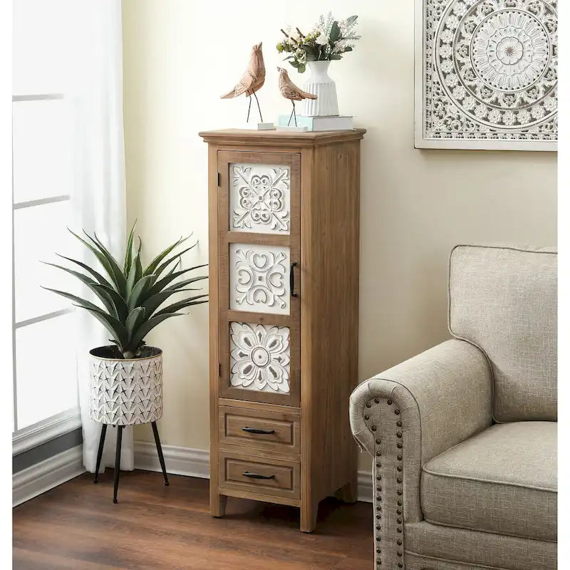 Meuble de rangement étroit blanc et bois marron avec 2 tiroirs et 1 porte – 122,7 cm de hauteur