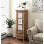 Meuble de rangement étroit blanc et bois marron avec 2 tiroirs et 1 porte – 122,7 cm de hauteur