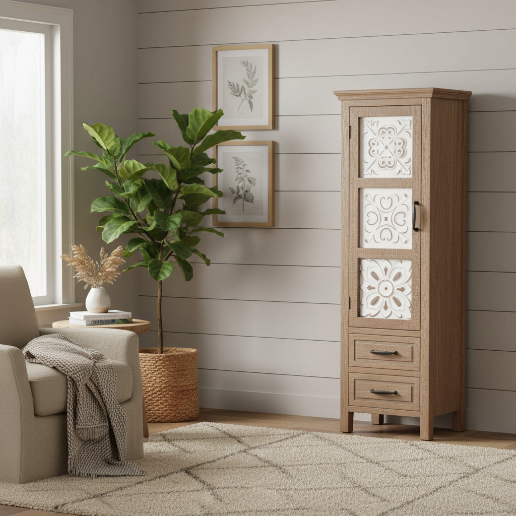Meuble de rangement étroit blanc et bois marron avec 2 tiroirs et 1 porte – 122,7 cm de hauteur