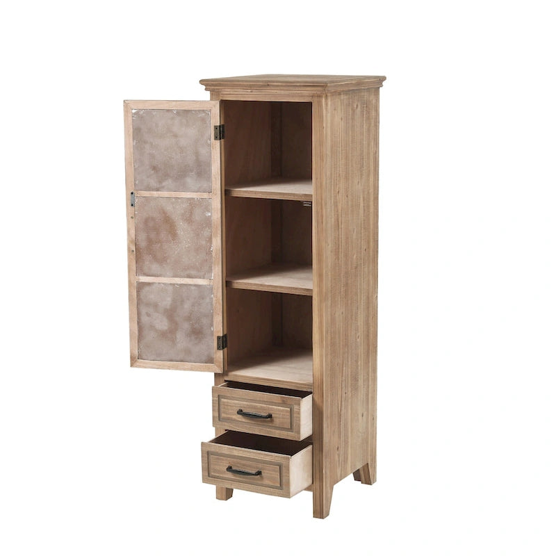 Meuble de rangement étroit blanc et bois marron avec 2 tiroirs et 1 porte – 122,7 cm de hauteur