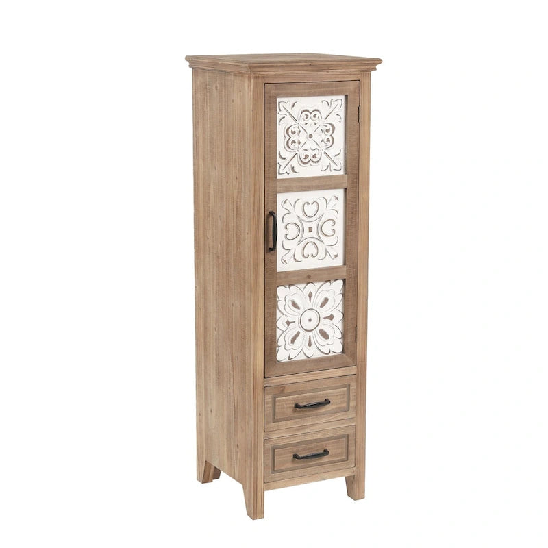 Meuble de rangement étroit blanc et bois marron avec 2 tiroirs et 1 porte – 122,7 cm de hauteur