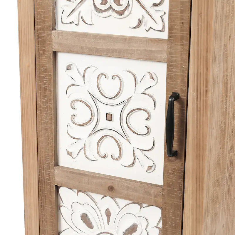 Meuble de rangement étroit blanc et bois marron avec 2 tiroirs et 1 porte – 122,7 cm de hauteur