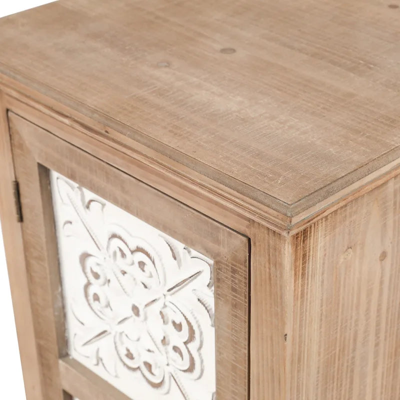 Meuble de rangement étroit blanc et bois marron avec 2 tiroirs et 1 porte – 122,7 cm de hauteur