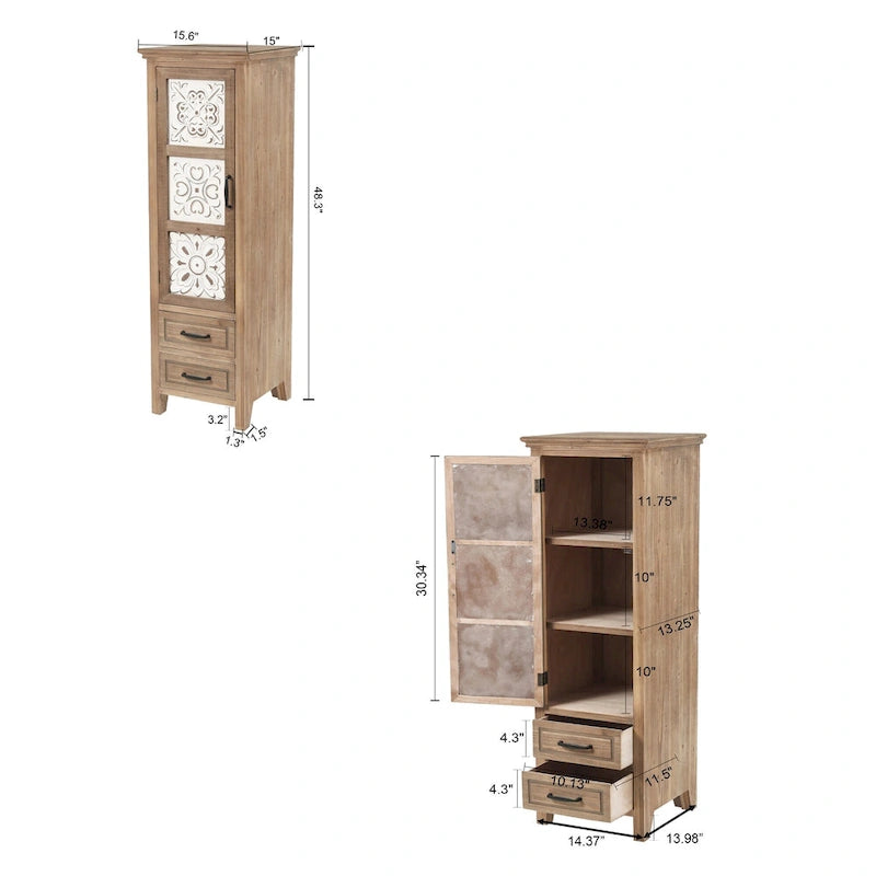 Meuble de rangement étroit blanc et bois marron avec 2 tiroirs et 1 porte – 122,7 cm de hauteur