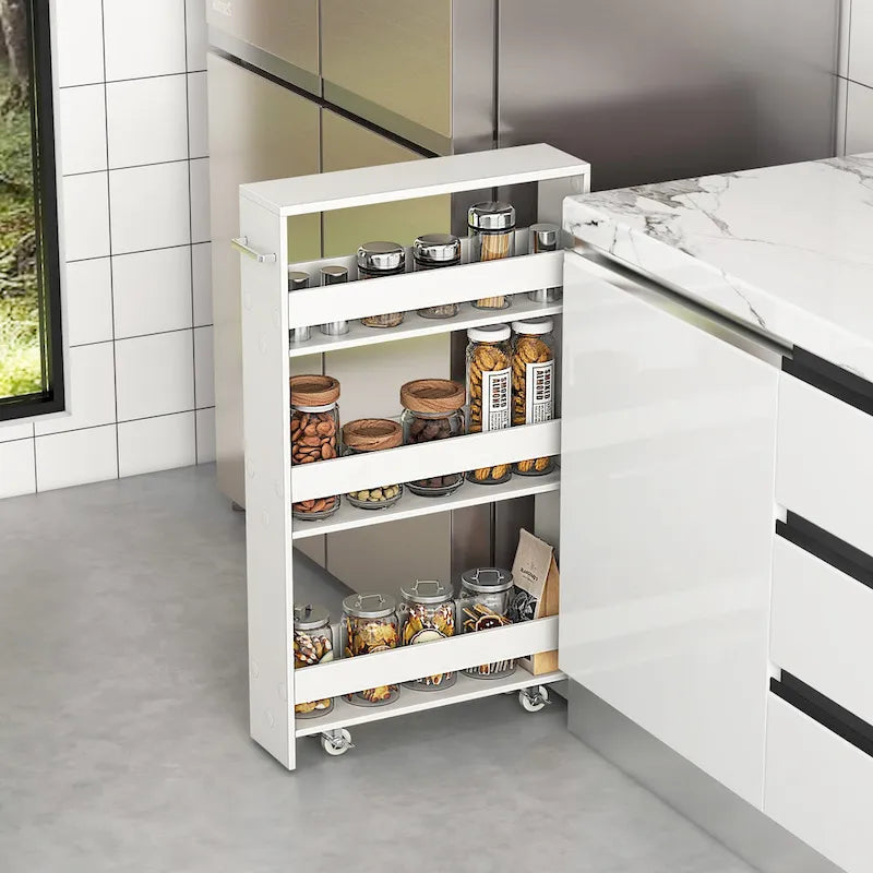 Chariot de rangement étroit à roulettes avec étagères pour la cuisine et la salle de bain