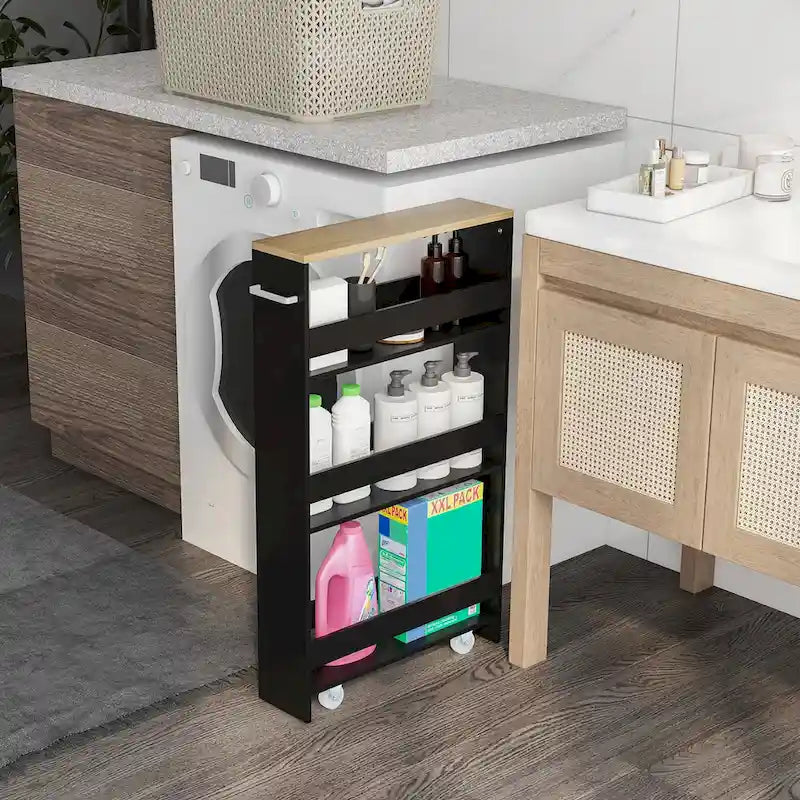 Chariot de rangement étroit à roulettes avec étagères pour la cuisine et la salle de bain