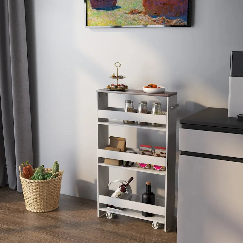 Chariot de rangement étroit à roulettes avec étagères pour la cuisine et la salle de bain