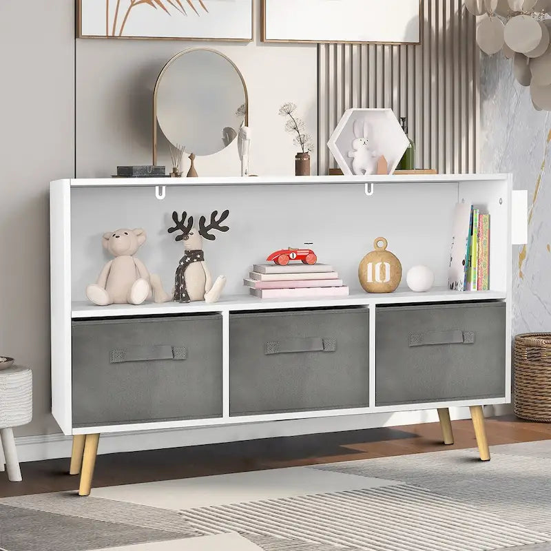 Meuble de rangement moderne et élégant en bois avec trois tiroirs en tissu pliable