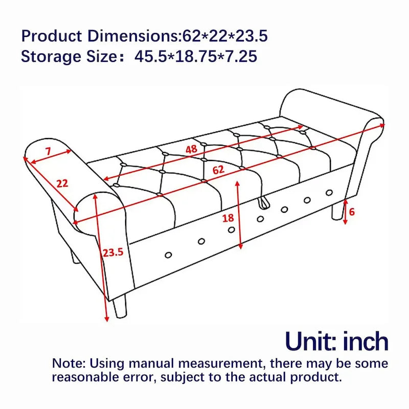 Banc de rangement capitonné pour chambre à coucher
