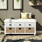 Banc de rangement rustique avec 3 tiroirs et 3 paniers en rotin, banc à chaussures pour salon, entrée