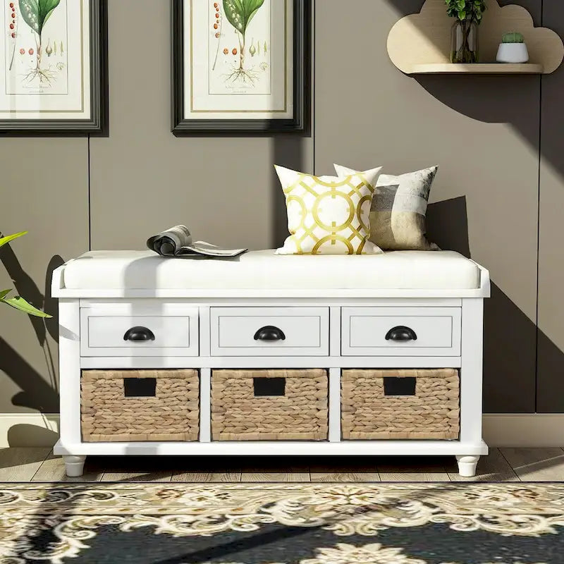 Banc de rangement rustique avec 3 tiroirs et 3 paniers en rotin, banc à chaussures pour salon, entrée