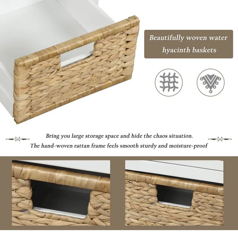 Banc de rangement rustique avec 3 tiroirs et 3 paniers en rotin, banc à chaussures pour salon, entrée