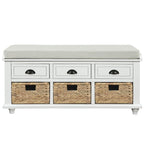Banc de rangement rustique avec 3 tiroirs et 3 paniers en rotin, banc à chaussures pour salon, entrée