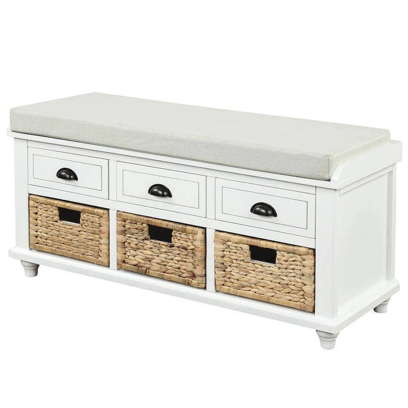 Banc de rangement rustique avec 3 tiroirs et 3 paniers en rotin, banc à chaussures pour salon, entrée