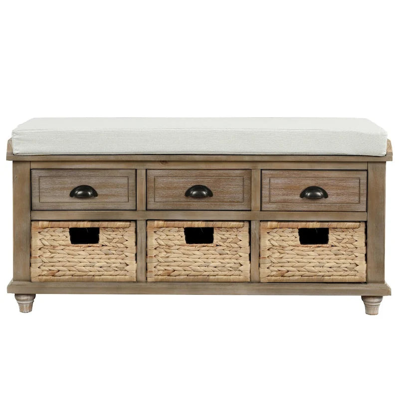 Banc de rangement rustique avec 3 tiroirs et 3 paniers en rotin, banc à chaussures pour salon, entrée