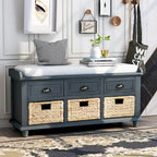 Banc de rangement rustique avec 3 tiroirs et 3 paniers en rotin, banc à chaussures pour salon, entrée