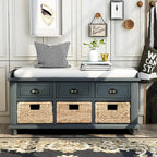 Banc de rangement rustique avec 3 tiroirs et 3 paniers en rotin, banc à chaussures pour salon, entrée