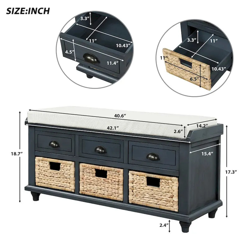 Banc de rangement rustique avec 3 tiroirs et 3 paniers en rotin, banc à chaussures pour salon, entrée