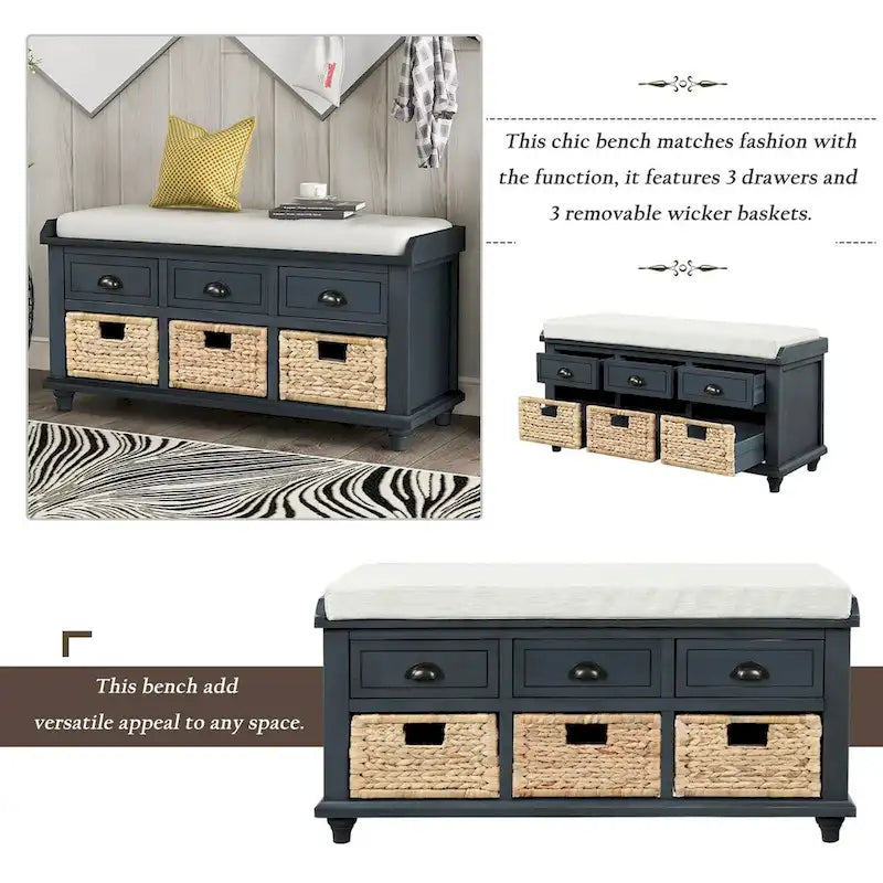 Banc de rangement rustique avec 3 tiroirs et 3 paniers en rotin, banc à chaussures pour salon, entrée