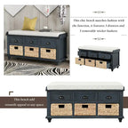 Banc de rangement rustique avec 3 tiroirs et 3 paniers en rotin, banc à chaussures pour salon, entrée