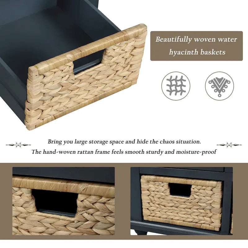 Banc de rangement rustique avec 3 tiroirs et 3 paniers en rotin, banc à chaussures pour salon, entrée