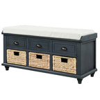 Banc de rangement rustique avec 3 tiroirs et 3 paniers en rotin, banc à chaussures pour salon, entrée