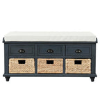 Banc de rangement rustique avec 3 tiroirs et 3 paniers en rotin, banc à chaussures pour salon, entrée