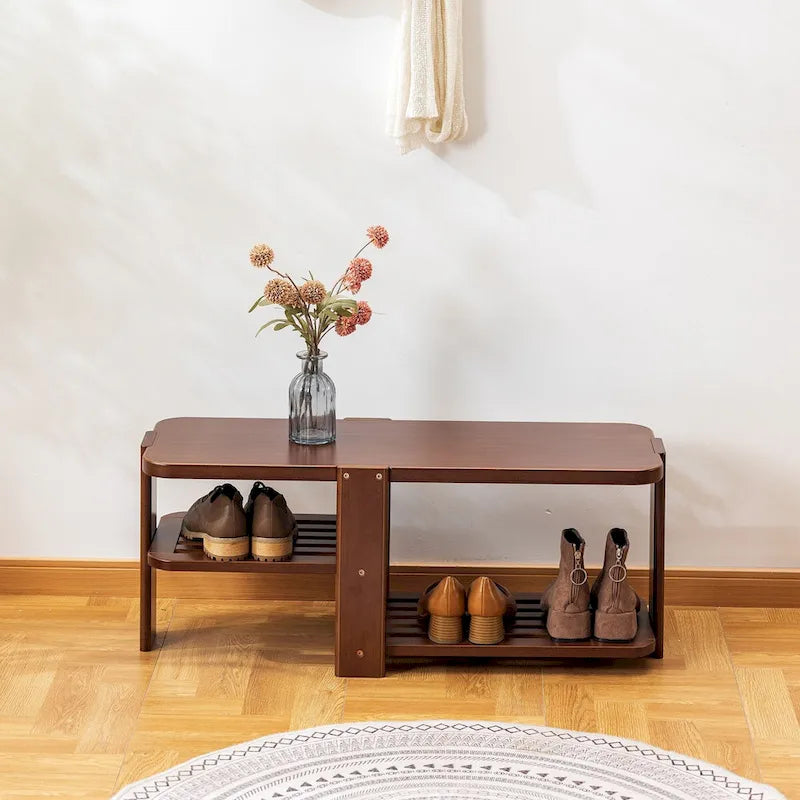 Banc à chaussures, Organisateur de rangement à chaussures en bambou à 2 niveaux, Banc d'entrée