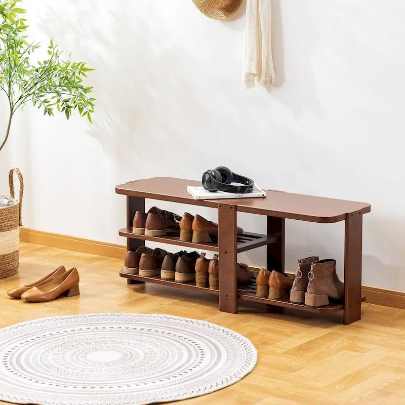 Banc à chaussures, Organisateur de rangement à chaussures en bambou à 2 niveaux, Banc d'entrée