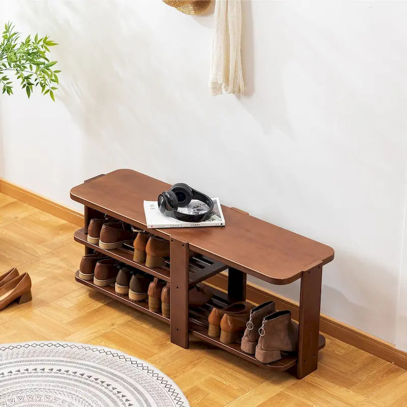 Banc à chaussures, Organisateur de rangement à chaussures en bambou à 2 niveaux, Banc d'entrée