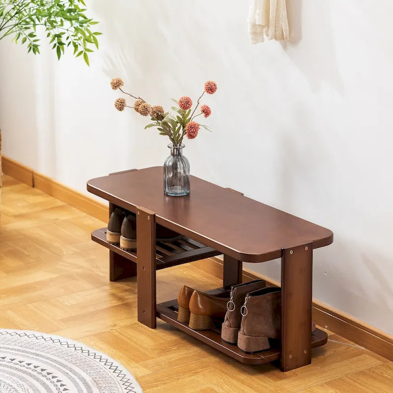 Banc à chaussures, Organisateur de rangement à chaussures en bambou à 2 niveaux, Banc d'entrée