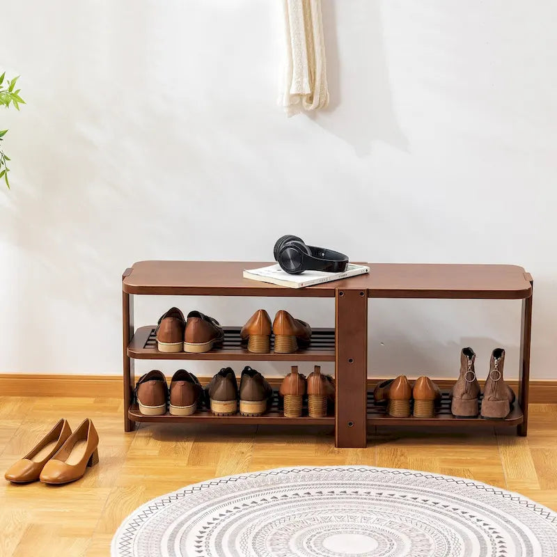 Banc à chaussures, Organisateur de rangement à chaussures en bambou à 2 niveaux, Banc d'entrée
