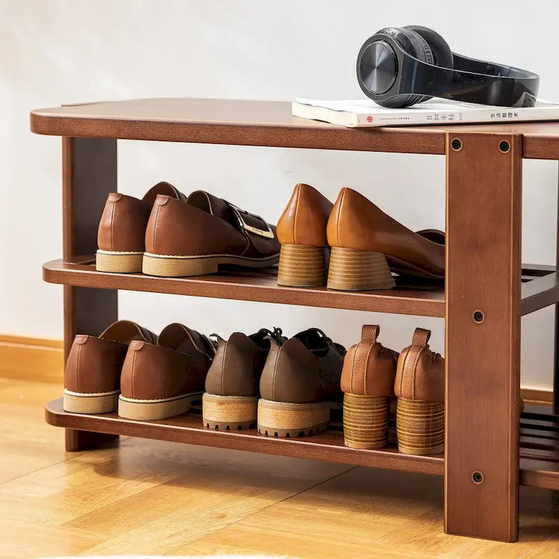 Banc à chaussures, Organisateur de rangement à chaussures en bambou à 2 niveaux, Banc d'entrée